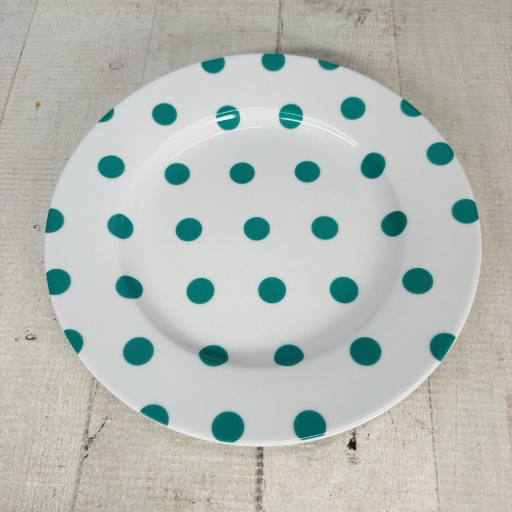 Isaac Mizahi DOT LUXE Green Teal Polka Dot White Porcelain 8" Salad Plates Set 4 - Picture 4 of 16